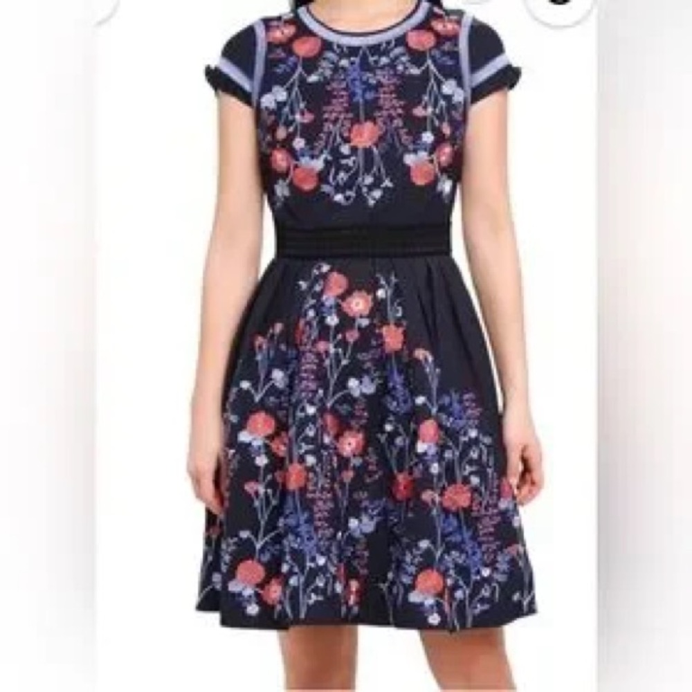 NWOT Foxiedox Floral embroidered Navy blue and orange Midi Dress Size M